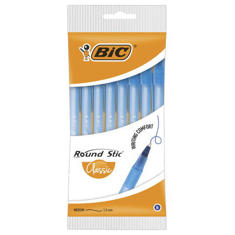 Ручки шариковые BIC "Round Stic", НАБОР 8 шт., СИНИЕ, узел 1 мм, линия письма 0,32 мм, пакет, 928497 по низкой цене оптом 