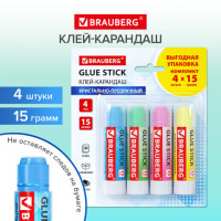 Клей-карандаш 15 г ВЫГОДНАЯ УПАКОВКА BRAUBERG "COLOR Crystal", 4 штуки на блистере, 271709