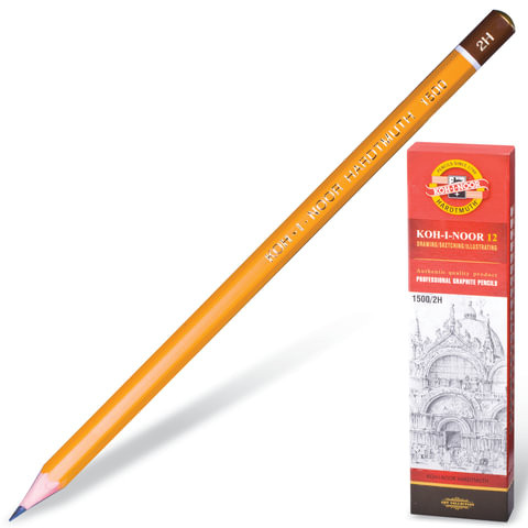 Карандаш чернографитный KOH-I-NOOR 1500, 1 шт., 2H, без резинки, корпус желтый, заточенный, 150002H01170RU по низкой цене оптом Краснодар, Москва, Уфа, Казань, Барнаул, Владивосток, Хабаровск, Сахалин, Красноярск, Екатеренбург, 