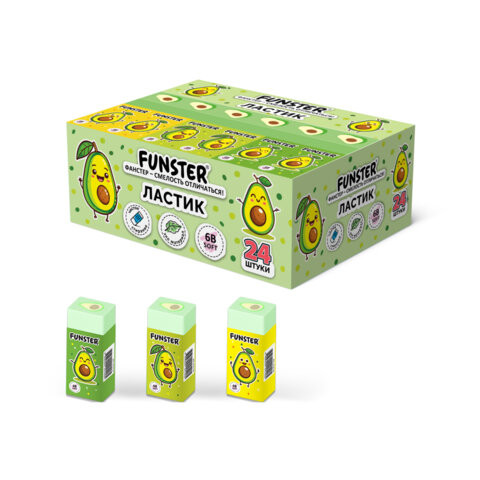 Ластик FUNSTER AVOCADO, 51х21х16мм, ЭКО-ПВХ, прямоугольный, картонный рукав, ассорти, 272723 по низкой цене оптом Ластик FUNSTER AVOCADO, 51х21х16мм, ЭКО-ПВХ, прямоугольный, картонный рукав, ассорти, 272723 по низкой цене оптом