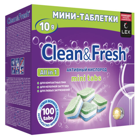 Таблетки для посудомоечных машин 100шт CLEAN&FRESH All IN 1 MINI TABS, ш/к 11434, Cd13100m по низкой цене оптом Краснодар, Москва, Уфа, Казань, Барнаул, Владивосток, Хабаровск, Сахалин, Красноярск, Екатеренбург, 
