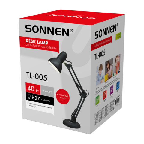 Настольная лампа-светильник SONNEN TL-005, подставка, 40 Вт, Е27, черный, высота 50 см, 237646 по низкой цене оптом 