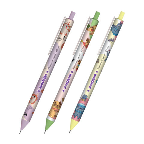 Карандаш механический 0,7 мм с принтом, ЮНЛАНДИЯ "CUTE PETS", корпус soft-touch ассорти, 182061 по низкой цене оптом 