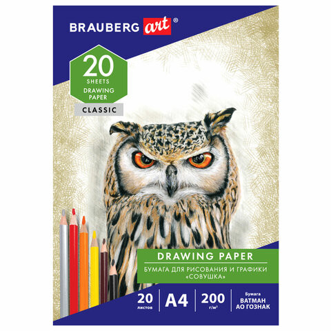 Бумага для рисования и графики в папке А4, 20 л., 200 г/м2, ВАТМАН ГОЗНАК, BRAUBERG ART CLASSIC, 114492 по низкой цене оптом 