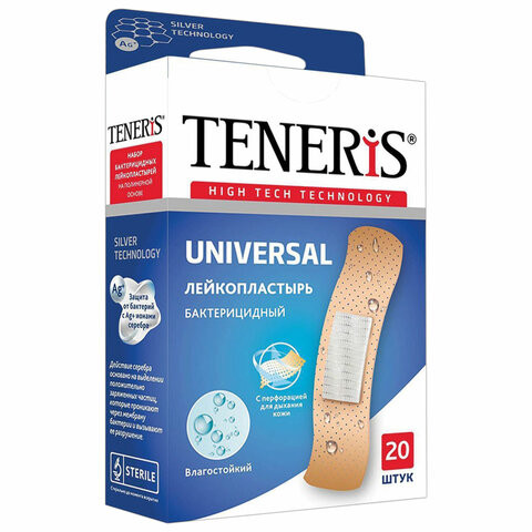 Набор пластырей 20 шт. TENERIS UNIVERSAL универсальный на полимерной основе, бактерицидный с ионами серебра, коробка с европодвесом, 0208-006 по низкой цене оптом 