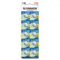 Батарейка SONNEN Alkaline, A76 (G13, LR44), алкалиновая, 1 шт., в блистере (отрывной блок), 451975