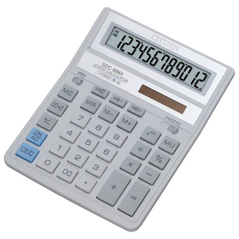 Калькулятор настольный CITIZEN SDC-888ХWH (203х158 мм), 12 разрядов, двойное питание, СЕРЫЙ, SDC-888 X по низкой цене оптом 