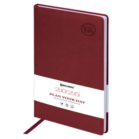 Ежедневник датированный 2026 БОЛЬШОЙ ФОРМАТ 210х297мм А4, BRAUBERG Favorite, под кожу, бордо, 117240 по низкой цене оптом 