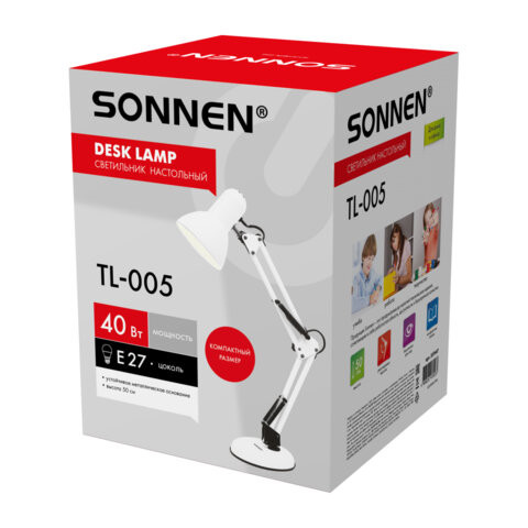 Настольная лампа-светильник SONNEN TL-005, подставка, 40 Вт, Е27, белый, высота 50 см, 237647 по низкой цене оптом 