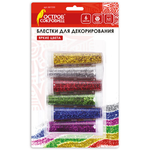 Блестки (глиттер) для декора, поделок, DIY, творчества, оформления, ОСТРОВ СОКРОВИЩ, НАБОР, 6 цветов по 6,5 грамм, блистер, 661550 по низкой цене оптом 