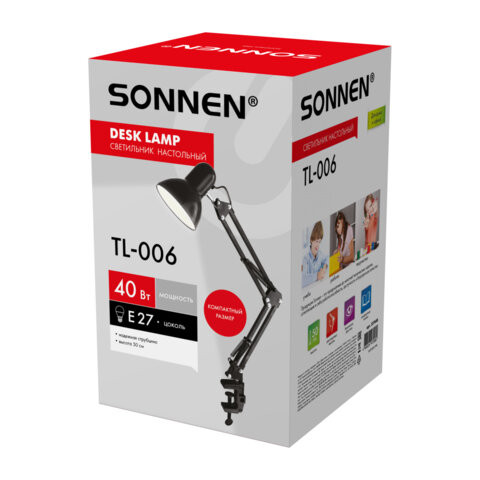 Настольная лампа-светильник SONNEN TL-006, струбцина, 40 Вт, Е27, черный, высота 50 см, 237648 по низкой цене оптом 