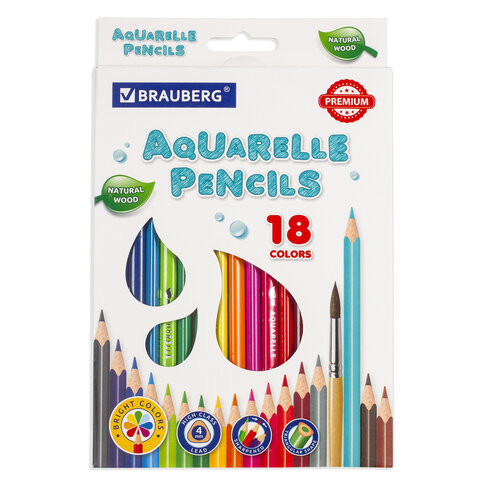 Карандаши цветные акварельные BRAUBERG PREMIUM AQUARELLE, 18 цветов, грифель мягкий 4 мм, 181672 по низкой цене оптом 