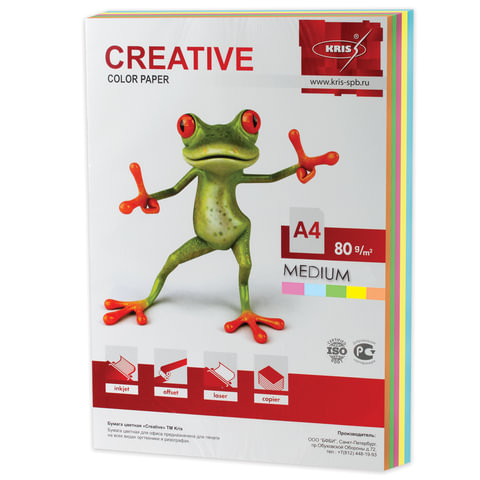 Бумага цветная CREATIVE color, А4, 80 г/м2, 250 л., (5 цветов х 50 л.), микс медиум, БОpr-250r по низкой цене оптом 