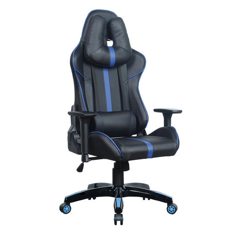 Кресло компьютерное BRABIX "GT Carbon GM-120", две подушки, экокожа, черное/синее, 531930 по низкой цене оптом 