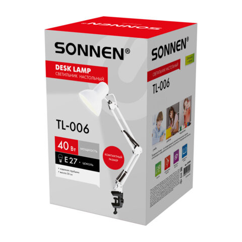 Настольная лампа-светильник SONNEN TL-006, струбцина, 40 Вт, Е27, белый, высота 50 см, 237649 по низкой цене оптом 