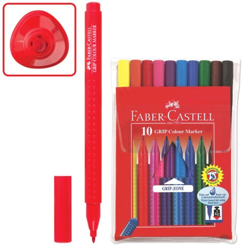 Фломастеры FABER-CASTELL "Grip", 10 цветов, трехгранные, смываемые, ПВХ упаковка, 155310 по низкой цене оптом 