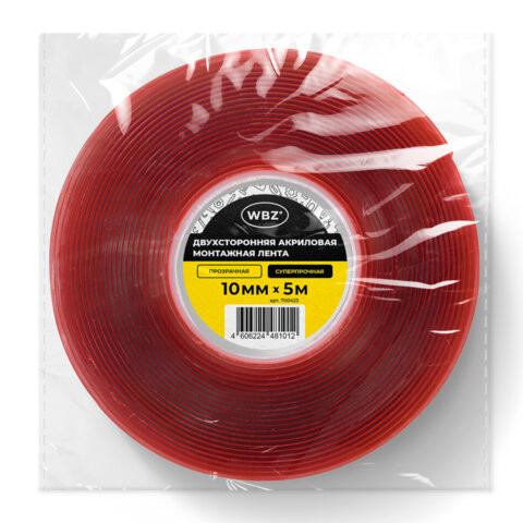 Монтажная прозрачная суперпрочная двухсторонняя лента 10 мм х 5 м, акриловая, толщина 1 мм, WBZ, 700423 по низкой цене оптом 