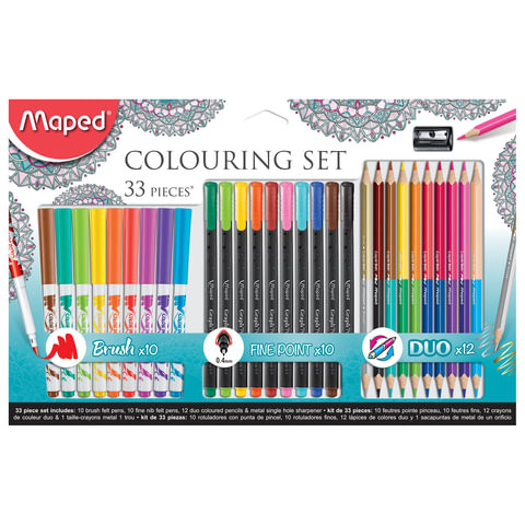 Набор для творчества MAPED "Colouring Set", 10 фломастеров, 10 капиллярных ручек, 12 двусторонних цветных карандашей, точилка, 897417 по низкой цене оптом 