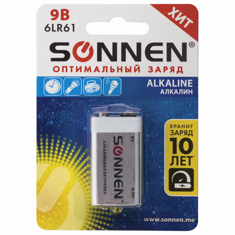 Батарейка SONNEN Alkaline, Крона (6LR61, 6LF22, 1604A), алкалиновая, 1 шт., блистер, 451092 по низкой цене оптом 