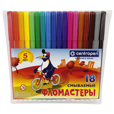 Фломастеры 18 ЦВЕТОВ CENTROPEN "Пингвины", смываемые, вентилируемый колпачок, 7790/18ET, 7 7790 1886 по низкой цене оптом 