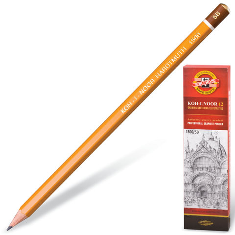 Карандаш чернографитный KOH-I-NOOR 1500, 1 шт., 5B, без резинки, корпус желтый, заточенный, 150005B01170RU по низкой цене оптом Краснодар, Москва, Уфа, Казань, Барнаул, Владивосток, Хабаровск, Сахалин, Красноярск, Екатеренбург, 