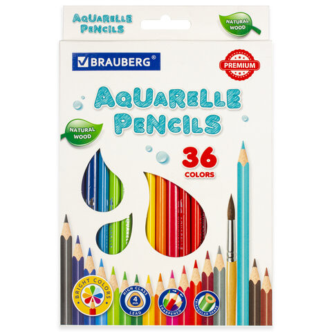 Карандаши цветные акварельные BRAUBERG PREMIUM AQUARELLE, 36 цветов, грифель мягкий 4 мм, 181674 по низкой цене оптом 