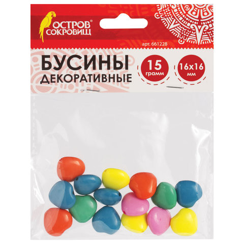 Бусины для творчества "Сердце", 16 мм, 15 грамм, 5 цветов, ОСТРОВ СОКРОВИЩ, 661228 по низкой цене оптом 