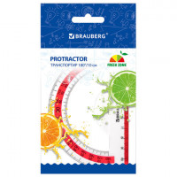 Транспортир 10 см BRAUBERG "FRESH ZONE", 180 градусов, пластик, прозрачный, красная шкала, 210760