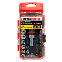 Набор бит и торцевых головок с трещоткой 1/4", 27 предметов, пластиковый бокс, ГРАНДМАСТЕР, 671327
