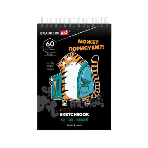 Скетчбук, белая бумага 100г/м2, 140х201мм, 60л, гребень, подложка, BRAUBERG ART, Порисуем?, 115063 по низкой цене оптом Краснодар, Москва, Уфа, Казань, Барнаул, Владивосток, Хабаровск, Сахалин, Красноярск, Екатеренбург, 