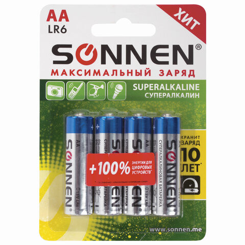 Батарейки КОМПЛЕКТ 4 шт., SONNEN Super Alkaline, АА (LR6,15А), алкалиновые, пальчиковые, блистер, 451094 по низкой цене оптом Краснодар, Москва, Уфа, Казань, Барнаул, Владивосток, Хабаровск, Сахалин, Красноярск, Екатеренбург, 