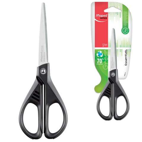 Ножницы MAPED (Франция) "Essentials Green", 170 мм, черные, картонная упаковка с европодвесом, 467010, 468010 по низкой цене оптом 