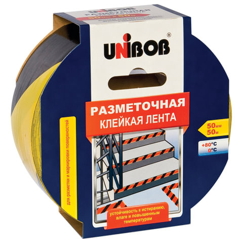 Клейкая лента разметочная 50 мм х 50 м, желто-черная, UNIBOB, основа-ПВХ, европодвес, 48905 по низкой цене оптом 