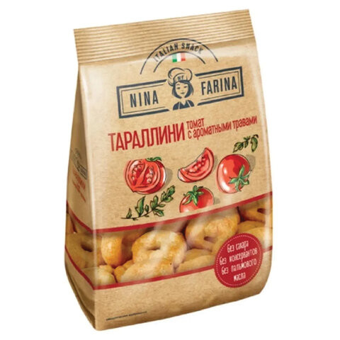 Мини-сушки (тараллини) NINA FARINA с томатом и ароматными травами, пакет, 180 г, ВТ003 по низкой цене оптом Краснодар, Москва, Уфа, Казань, Барнаул, Владивосток, Хабаровск, Сахалин, Красноярск, Екатеренбург, 