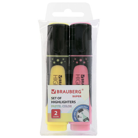 Набор текстовыделителей BRAUBERG 2 шт., ВАНИЛЬ/ПАСТЕЛЬНЫЙ РОЗОВЫЙ, "SUPER PASTEL", линия 1-5 мм, 151754 по низкой цене оптом Краснодар, Москва, Уфа, Казань, Барнаул, Владивосток, Хабаровск, Сахалин, Красноярск, Екатеренбург, 