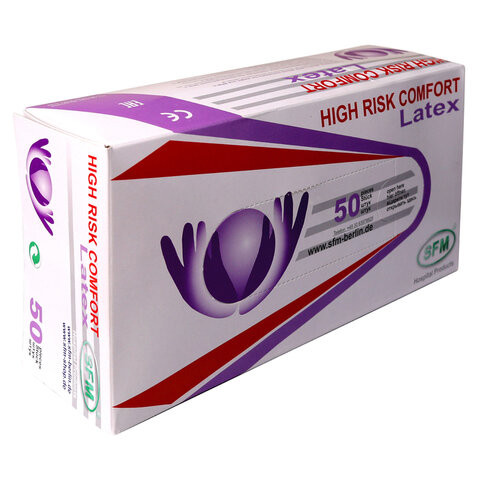 Перчатки латексные смотровые особо прочные SFM HIGH RISK COMFORT 25 пар (50 штук) размер L (большой) по низкой цене оптом Краснодар, Москва, Уфа, Казань, Барнаул, Владивосток, Хабаровск, Сахалин, Красноярск, Екатеренбург, 