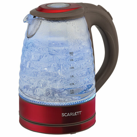 Чайник SCARLETT SC-EK27G62, 1,7 л, 2200 Вт, закрытый нагревательный элемент, стекло, красный по низкой цене оптом Краснодар, Москва, Уфа, Казань, Барнаул, Владивосток, Хабаровск, Сахалин, Красноярск, Екатеренбург, 