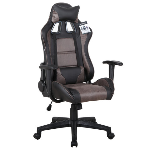 Кресло компьютерное BRABIX "GT Racer GM-100", две подушки, ткань, экокожа, черное/коричневое, 531819 по низкой цене оптом 