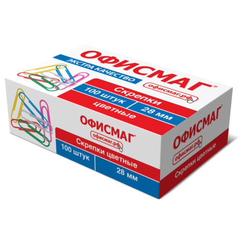 Скрепки ЭКСТРА ОФИСМАГ 28 мм цветные 100 штук, 271316 по низкой цене оптом 