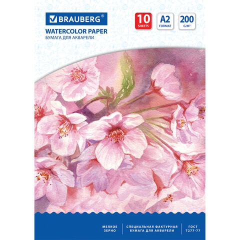 Бумага для акварели БОЛЬШАЯ А2, 10 л., 200 г/м2, 400х590 мм, BRAUBERG, "Цветы", 125223 по низкой цене оптом Краснодар, Москва, Уфа, Казань, Барнаул, Владивосток, Хабаровск, Сахалин, Красноярск, Екатеренбург, 