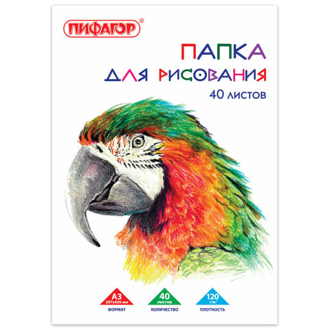 Папка для рисования БОЛЬШОГО ФОРМАТА А3, 40 л., 120 г/м2, ПИФАГОР, 297х420 мм, "Попугай", 129219 по низкой цене оптом Краснодар, Москва, Уфа, Казань, Барнаул, Владивосток, Хабаровск, Сахалин, Красноярск, Екатеренбург, 