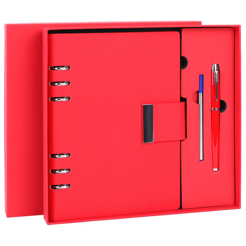 Ежедневник на кольцах в наборе с ручкой А5 165x229мм BRAUBERG "Lux", под кожу, 100 листов, красный, 116857 по низкой цене оптом 