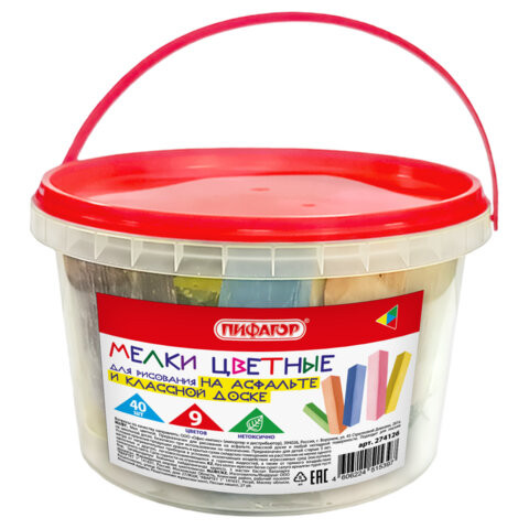 Мел в ведерке для асфальта и классной доски 40 штук, цветной квадратный, ПИФАГОР, 274126 по низкой цене оптом 