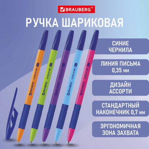Ручка шариковая с грипом BRAUBERG "ULTRA GT MIX", СИНЯЯ, узел 0,7 мм, чернила ГЕРМАНИЯ, наконечник ШВЕЙЦАРИЯ, 144055 по низкой цене оптом Краснодар, Москва, Уфа, Казань, Барнаул, Владивосток, Хабаровск, Сахалин, Красноярск, Екатеренбург, 