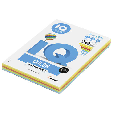 Бумага цветная IQ color, А4, 160 г/м2, 100 л. (5 цветов x 20 листов), микс интенсив, RB02 по низкой цене оптом 