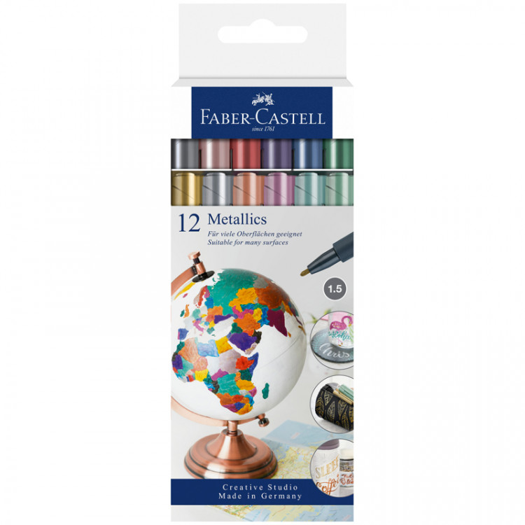 Набор маркеров для декорирования Faber-Castell "Metallics" 12цв, металлик, пулевидный, 1,5мм, европодвес по низкой цене оптом Краснодар, Москва, Уфа, Казань, Барнаул, Владивосток, Хабаровск, Сахалин, Красноярск, Екатеренбург, 