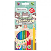 Карандаши цветные кросс-серия МИЛЫЕ КОТЫ, 12 цветов, трехгранные, BRAUBERG, 182109