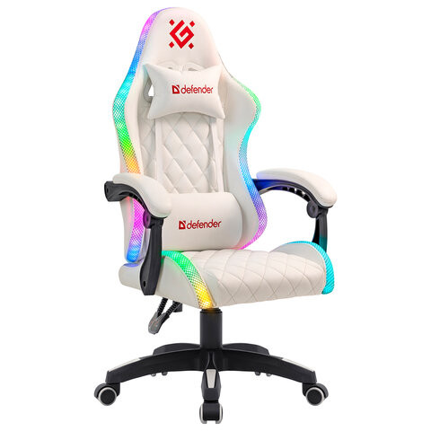 Кресло компьютерное DEFENDER Energy, 2 подушки, RGB подсветка, экокожа, белое, ш/к 24605, 64557 по низкой цене оптом Кресло компьютерное DEFENDER Energy, 2 подушки, RGB подсветка, экокожа, белое, ш/к 24605, 64557 по низкой цене оптом