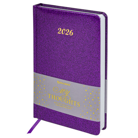 Ежедневник датированный 2026 А5 138x213мм BRAUBERG Sparkle, под кожу, блестки, фиолетовый, 117438 по низкой цене оптом 