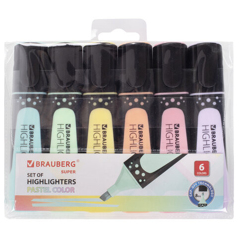Набор текстовыделителей BRAUBERG 6 шт., АССОРТИ, "SUPER PASTEL", прорезиненный корпус, линия 1-5 мм, 151757 по низкой цене оптом Краснодар, Москва, Уфа, Казань, Барнаул, Владивосток, Хабаровск, Сахалин, Красноярск, Екатеренбург, 